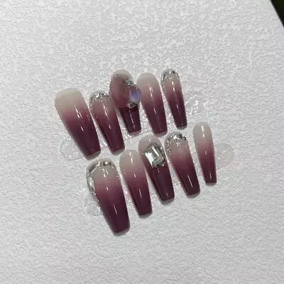 Handmade Queen Purple Ombre French Gradient Flash Diamond Detachable Nail Art • $18.51