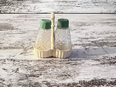 Vintage 40’s Glass Crystal Green Cap Salt And Pepper Shakers With Holder • $14.99