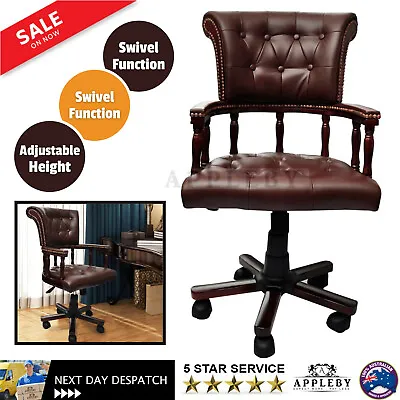 Antique Vintage Style Leather Office Desk Swivel Adjustable Arm Chair - Brown • $441.13