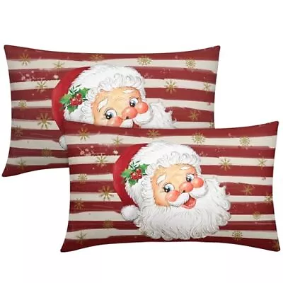 Red Christmas Santa Claus Lumbar Pillow Covers 12x20 Inch Set Of 2 Xmas Gold ... • $24.83