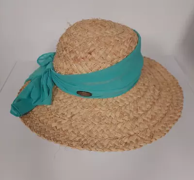 Cappelli Straworld 100% Straw Sun Hat Blue Cloth Bow Tie One Size 15  Circumfere • $18.25