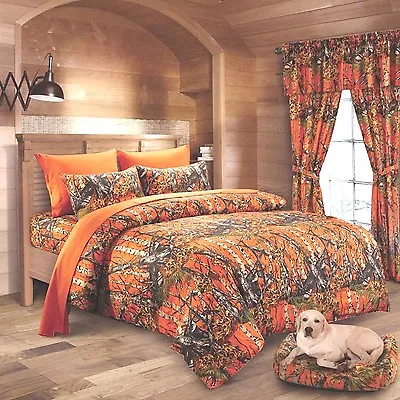 17 Pc ORANGE CAMO SET KING COMFORTER SHEETS PILLOWCASES And 2 CURTAIN SETS • $141.77