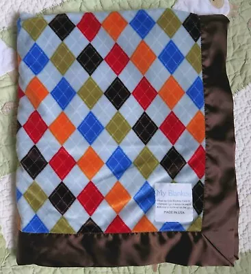 My Blankee Multi Colored Argyle W Wide Brown Satin Edge Baby Blanket Lovey EUC • $72.24