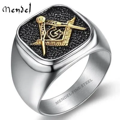 MENDEL Mens Stainless Steel Gold Plated Freemason Masonic Ring Silver Size 7-15 • $10.99