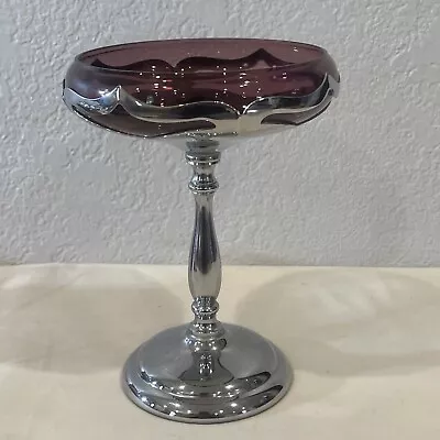 $24.99 • Buy Vintage Farber Bros New York Art Deco Chrome Compote Amethyst Glass Dish 7.5  H