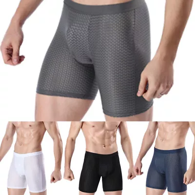 Men's Sexy Ice Silk Mesh Breathable Knicker Underwear Shorts Boxer Sports Briefs • £3.59