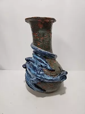 Blue Dragon Vase Handmade Red Clay Glazed Art Pottery Large Hand Thrown  • $110