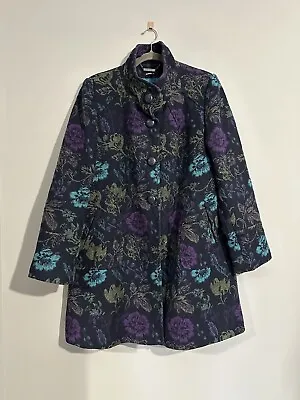 Roman Purple Blue Velvet Collar Floral Jacquard Tapestry Coat Jacket M 14 16 • £39