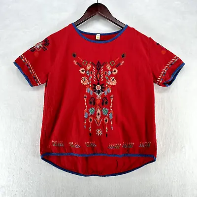 Vintage Blouse Womens Small Red Floral Embroidered Mexican Boho Oaxacan • $12.60