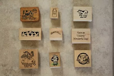 Vintage Cow Rubber Stamps Lot Of 9-Wood Mount-Stampin Up All Night Media PSX • $10.50