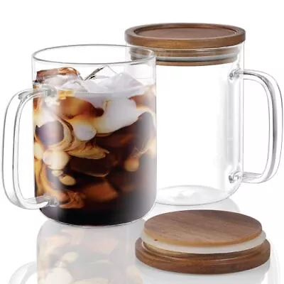 Glass Coffee Mugs 20 Oz Clear Coffee Cups With Acacia Wood LidLarge Coffee Mug • $27.61