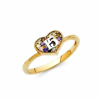 Quinceañera 15 Años Multi Color CZ Heart 14k Yellow Gold Ring Corazón Oro Anillo • $219.98