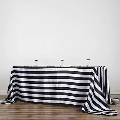 BLACK WHITE 90x132  Stripes Satin Rectangular Tablecloth Wedding Party Linens • $15.26