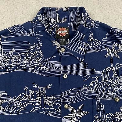 Harley Davidson Shirt Mens Large Hawaiian Blue Palm Trees Motorcycles • $22.99