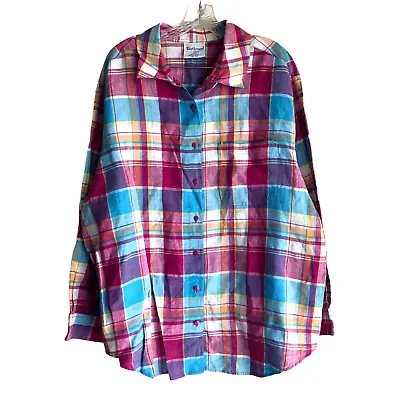 Vintage Westbound Women's 100% Linen Plaid Shirt Plus Size 2X Colorful Hawaiian • $18.12