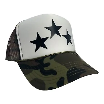 Triple Star Three Stars Camo White Black Hat 5 Panel High Crown Trucker Snapback • $21.95