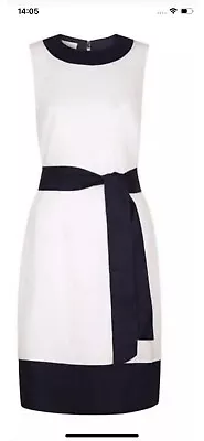 Hobbs Amalfi Dress Uk16 White Navy Belted Linen Summer Occasion Nautical MW002  • £40