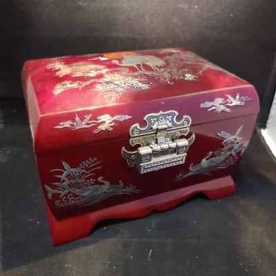 Vintage Asian Musical Jewelry Box Mother Of Pearl Inlay Flying Cranes W/ Lock • $75.65