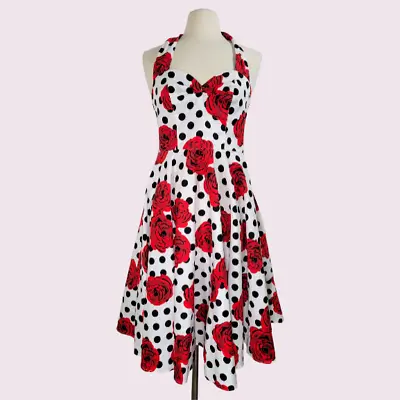 Red Halter Swing Dress Rose Dots Size S Pin Up Rockabilly Smocked Stretch Retro • $33.99