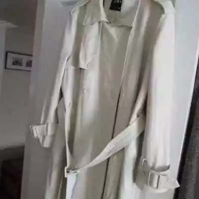 Zara Belted Oversized Vegan Leather Trench Coat Ecru Ivory White Size LG • $33