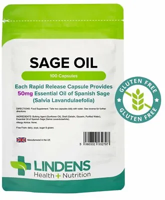 Lindens Sage Oil (Essential Oil Of Spanish Sage 50mg) - 100 Capsules  • £7.13