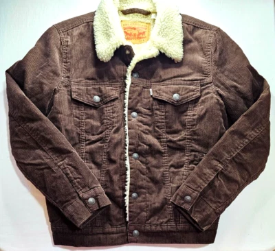 $35 • Buy Men's Sm Levis Trucker Brown Cord Jacket, Sherpa Lined, Brown Corduroy