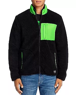 WeSC BLACK/NEON GREEN Mixed-Media Sherpa Slim Fit Fleece Jacket US X-Large • $35