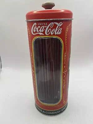 Coca-Cola Metal Straw Dispenser Lift Off Lid W Sealed Straws Retro Style • $35