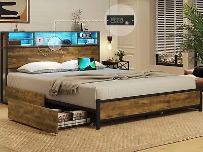 Full/Queen Bed Frame With LED Headboard Metal Platform Bed With Storage Drawers • $229.89