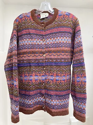 Vtg Eddie Bauer Cardigan Sweater Womens L 100% Wool Fair Isle Lightweight Knit • $32