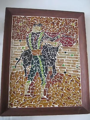 Vintage Mid Century Framed Glass Mosaic Bullfighter And Bull Wall Art • $54.99