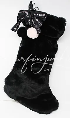 Victoria's Secret Christmas Stocking Black Pom Pom Plush Faux Fur VERY RARE NWT • $48.99