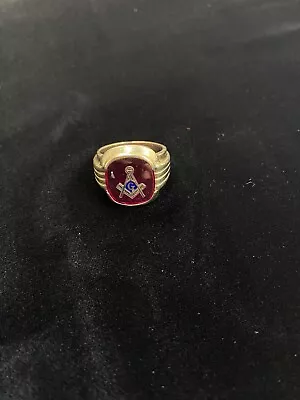 Antique 10K Solid Yellow Gold Masonic Men's Ring Red Stone Size 9 • $329.95