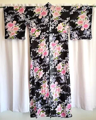 NEW JAPANESE Extra Long Cotton Yukata KIMONO ROBE Black With Pink Lilies Flowers • £40.54