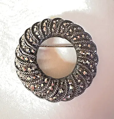 Vintage Antiqued Silver Tone Black And Marcasite Rhinestone  Circle Brooch Pin • $12.99