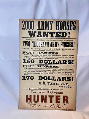 Vtg Hunter Distillery Sign Poster Blended Whiskey Horses Wanted Army Cavalry • $0.99