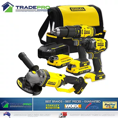 Stanley Fatmax 18V 7pc Combo Kit Cordless Drill Impact Driver Grinder Batteries  • $395