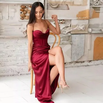 Red Burgundy Satin Corset Cowl Neck Maxi Prom Formal Dress With Slit LaceUp Back • £59.99