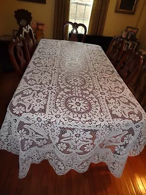 $169.99 • Buy AMAZING VINTAGE WHITE FLORAL LACE TABLECLOTH-X-LONG RECTANGLE 64” X 132”