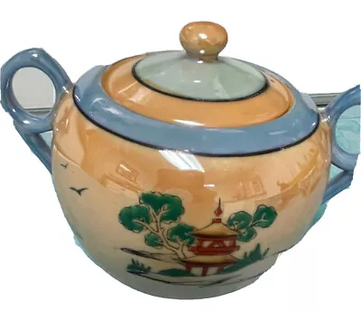 Mitsu-Boshi Sugar Bowl Pagoda Lusterware Peach Blue Porcelain Lid Hand Painted • $26.99