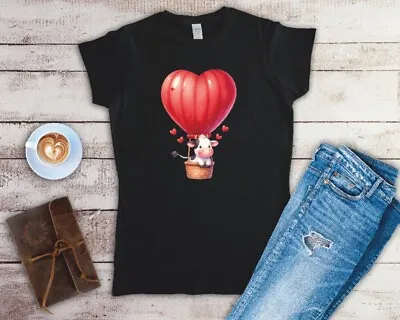Cow In Hot Air Balloon Ladies Fitted T Shirt Sizes Small-2XL • £11.24