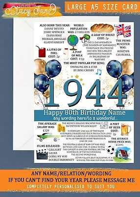 Personalised 80th Birthday LARGE A5 SIZE CARD 1944 Male Birth Year Dad Grandad • £2.99