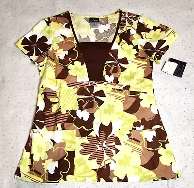 Baby Phat Womens Top Sz S Yellow Brown White Floral Scub Pockets NWT • $15.19