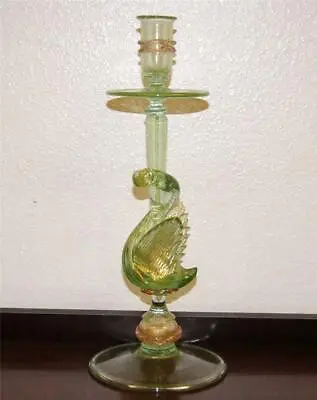 Antique Venetian Green Glass Tall Candlestick Swan Motif Italian Circa 1890s • $740