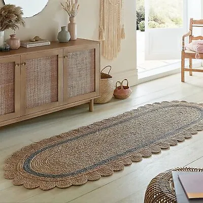 Rug Oval Runner Jute Latest Scallop Design Rustic Look Carpet For Living Room • £20.46