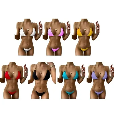 Womens Push Up Bikini With Chain Straps Lacing Swimwear Swimming Suit Beachwear • £13.20
