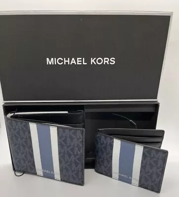 MICHAEL KORS MENS GIFT Blue Admiral MK Wallet BILLFOLD 3 IN 1 BOX SET FREE SHIP • $65.99