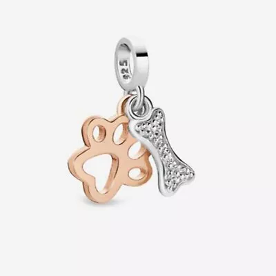 $27.99 • Buy S925 Silver & Rose Gold My Pet Dog Puppy Paw Bone Hanging Charm YOUnique Designs