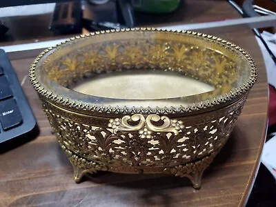 Vintage Ormolu Gold Ornate Filigree Jewelry Trinket Box Casket Beveled Glass Lid • $25