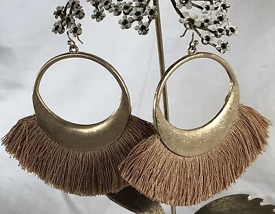 Vintage Solid Brass Hoop Earrings 3” Dangling Boho Nylon Fringes Hook Closure • $14